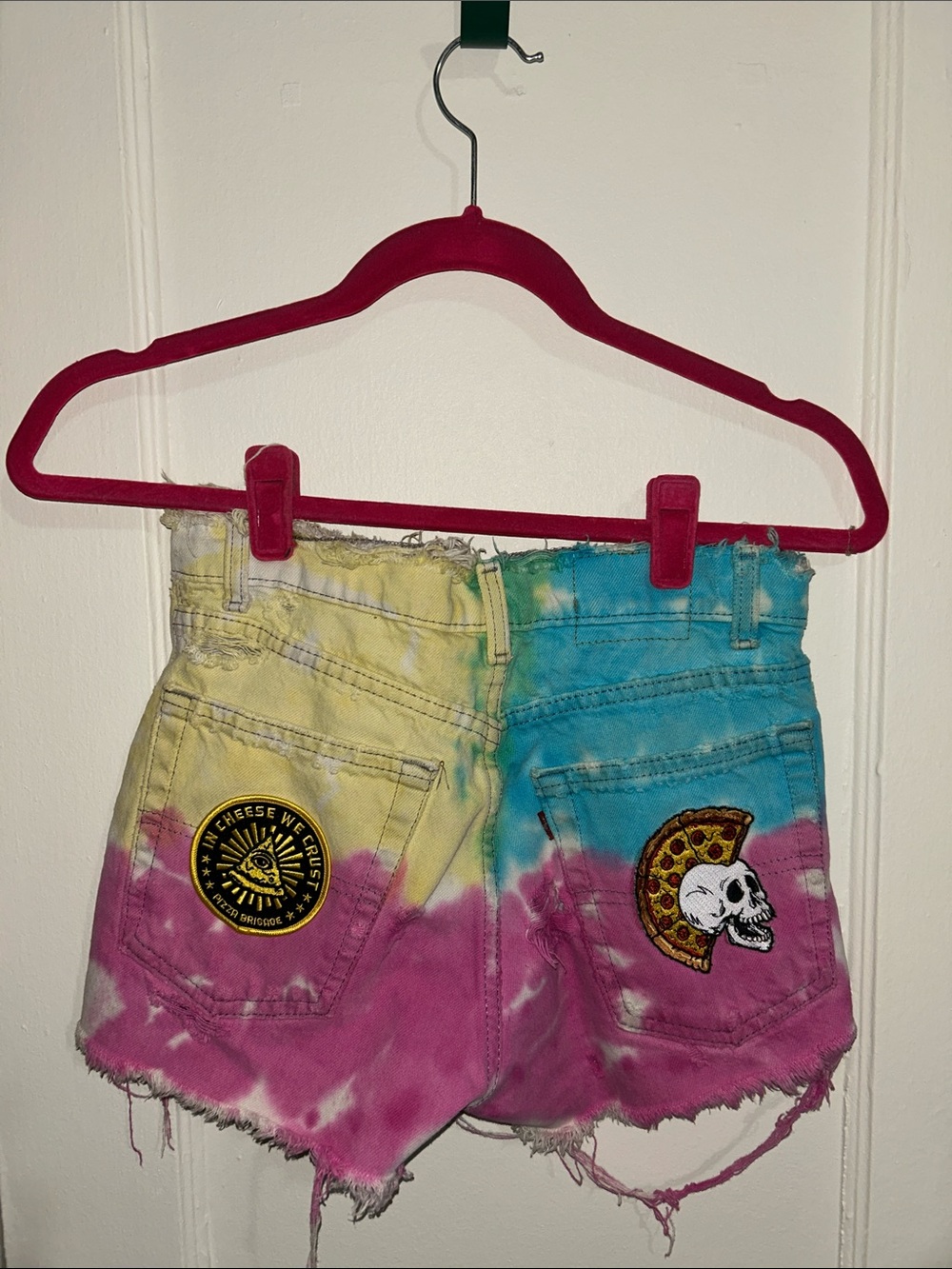 Tie-Dye Patch Denim Shorts - Pink, Blue, Yellow
